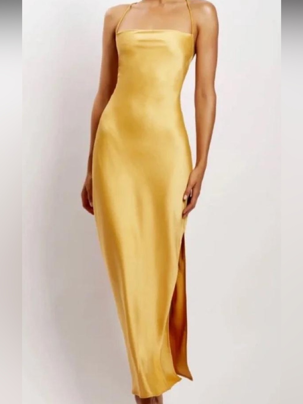 Meshki Backless Satin Slip Dress in Mustard